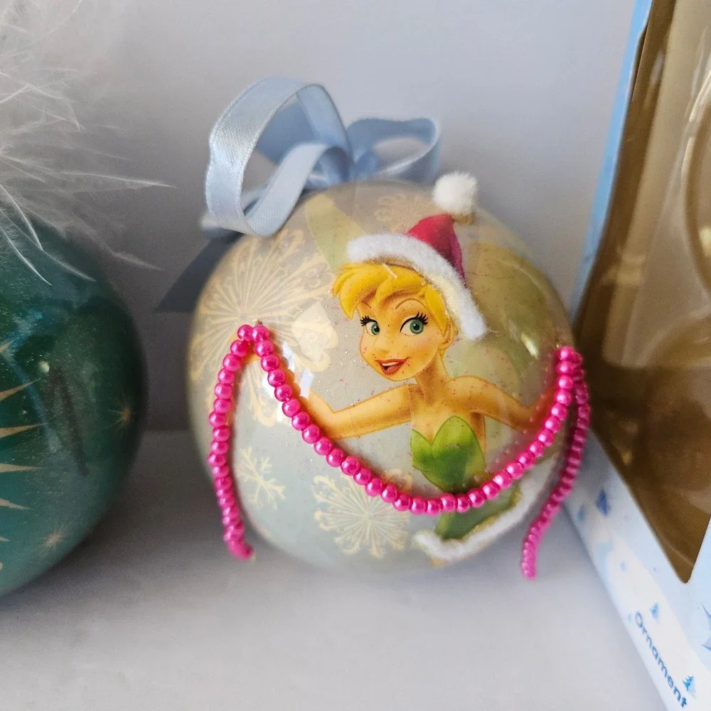 Disney TINKERBELL Sphere Christmas Tree Ornaments SET OF‎ 2 - Beaded Faux Fur